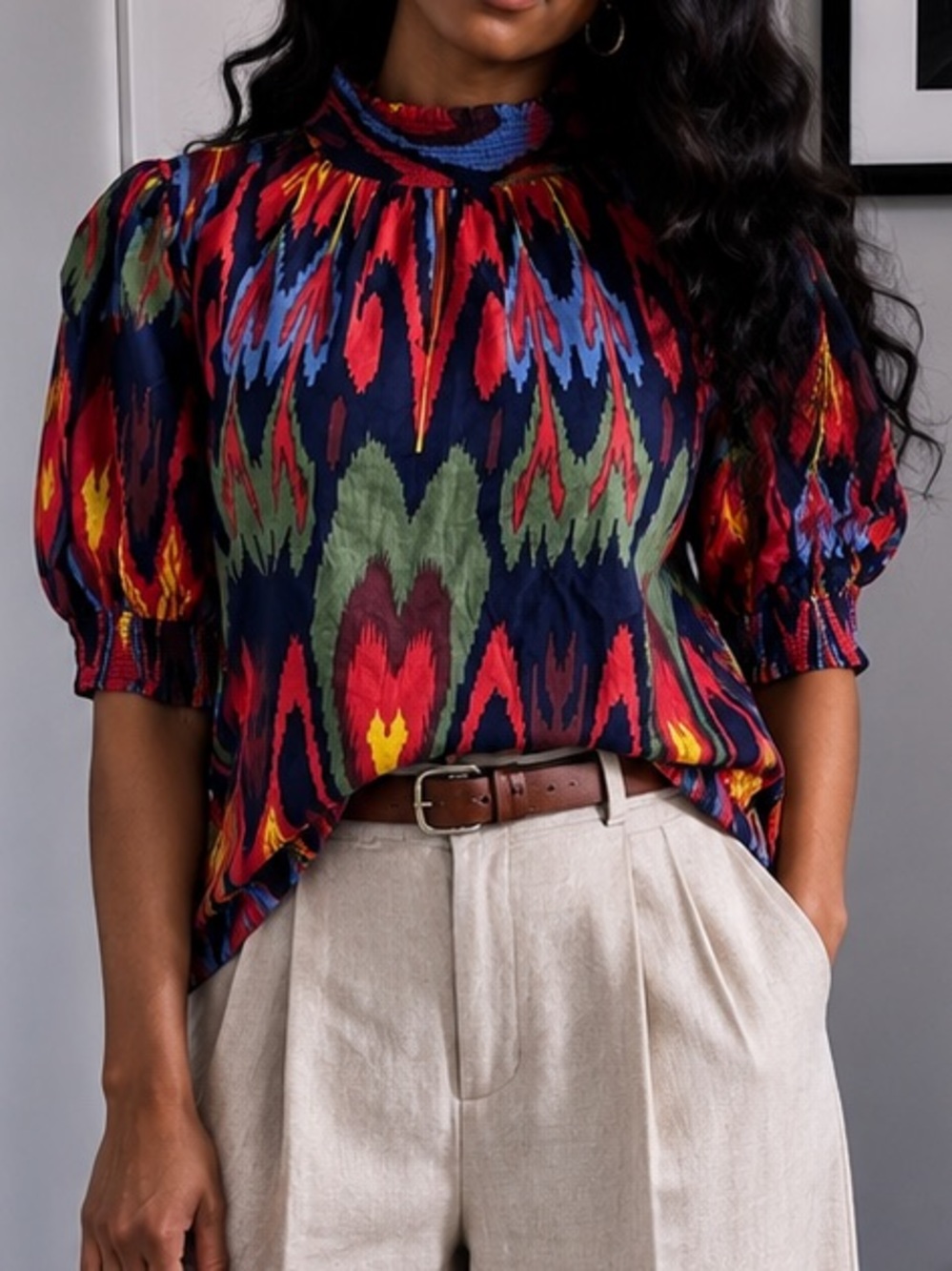 High-Neck Multicolor Puff Sleeve Blouse - Navy Base